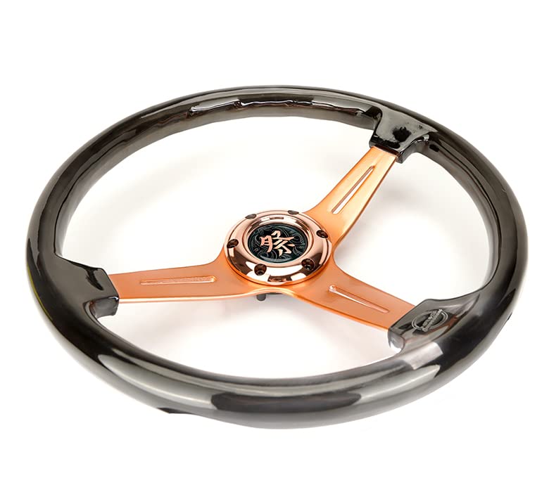 NRG Innovations Reinforced Steering Wheel NRG-RST-027GD-SM 350mm 2" Deep Dish Clear Acrylic in Smoke and Rose Gold Spoke Finish with Slits