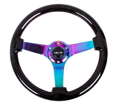 NRG Innovations Reinforced NRG-RST-036BK-MC Classic Black Wood Grain Steering Wheel (3" Deep), 350mm, 3 Solid Spoke Center in Neochrome
