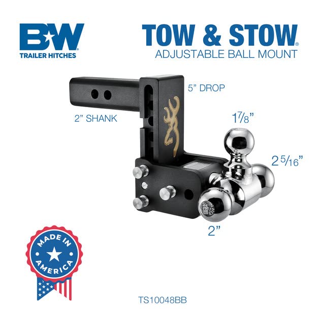 B&W Trailer Hitches Adjustable Tow & Stow Trailer Hitch Ball Mount with Browning Logo - Fits 2" Receiver, Tri-Ball (1-7/8" x 2" x 2-5/16"), 5" Drop, 10,000 GTW - TS10048BB
