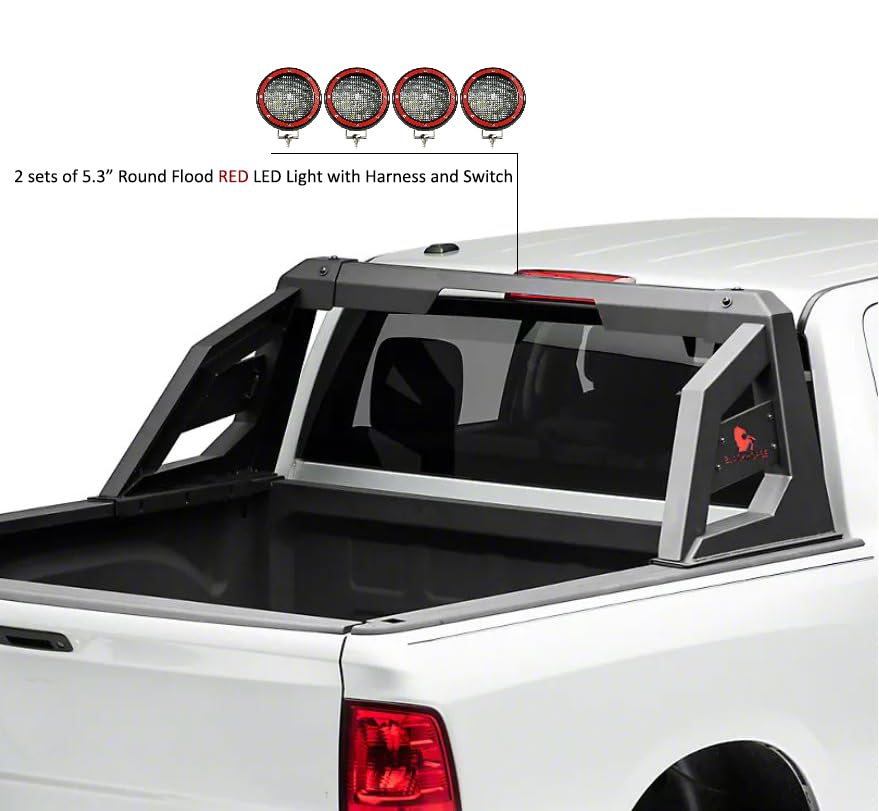 Armour Roll Bar Black Horse Incl. Set of 5.3" Dia.LED Lights w/Red Trim Rings Matte Black Compatible with 2005-2021 Nissan Frontier-ARB-NIFRB-PLFR