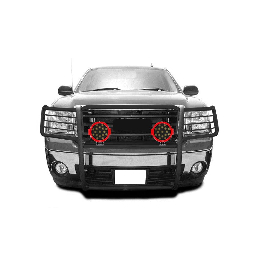 Bumper Guard Modular Black Black Horse Grille brush Come With pair of 7.0"Dia.LED Lights with Red Trim Rings Compatible with 2007-2013 GMC Sierra 1500-17GS10MA-PLR
