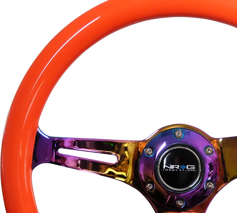 NRG Innovations Classic Wood Grain NRG-ST-015MC-NOR Steering Wheel, 350mm 3 Neochrome Spokes-Neon Orange Color