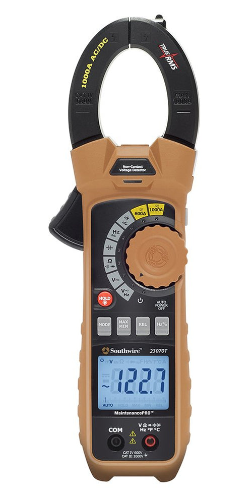 Clamp Meter Southwire 23070T - Designed for Reliable Current Testing - True RMS 1000A AC/DC - LED Work Light - Voltage Detector - CAT IV 600V Safety Rating
