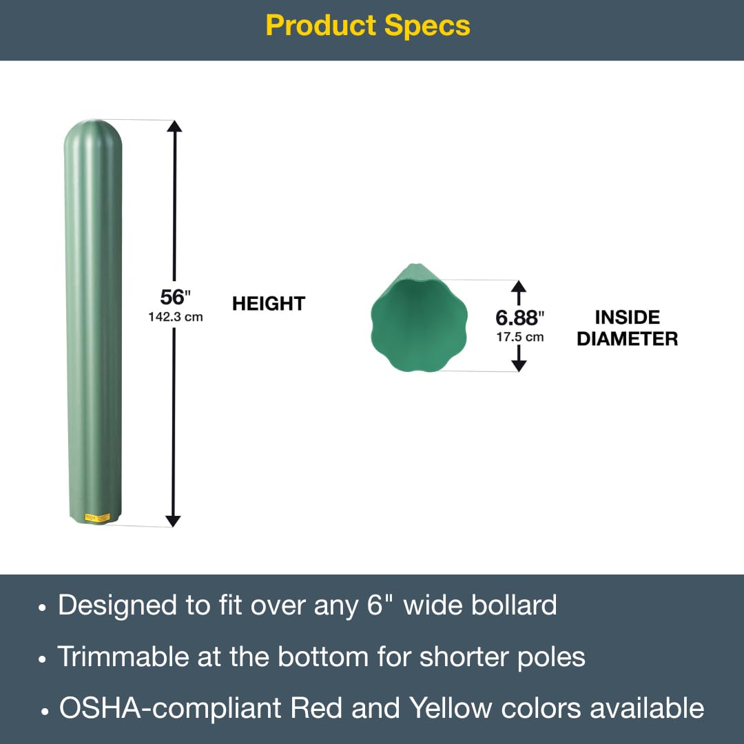 Bollard Covers Eagle for 6 Inch Poles - 56" Tall, Durable Fluted HDPE Plastic - Trimmable Green Bollard Post Sleeve for Parking Lots, Warehouses, and Loading Docks, 1730GN