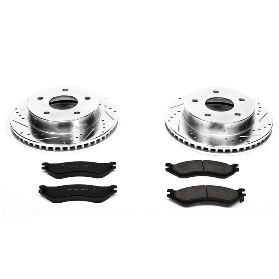 Power Stop K5142 Z23 Carbon Fiber Brake Pads Front with Drilled & Slotted Brake Rotors Kit For Dodge Ram 1500 2000-2001 [Model Specific]