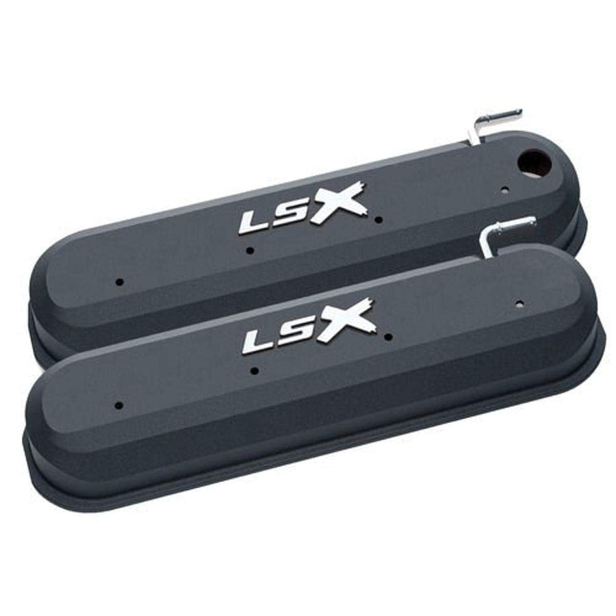 ProForm Valve Cover, Slant-Edge, Tall, Baffled, Breather Hole, Raised LSX Logo, Aluminum, Black, GM LS-Series, Pair