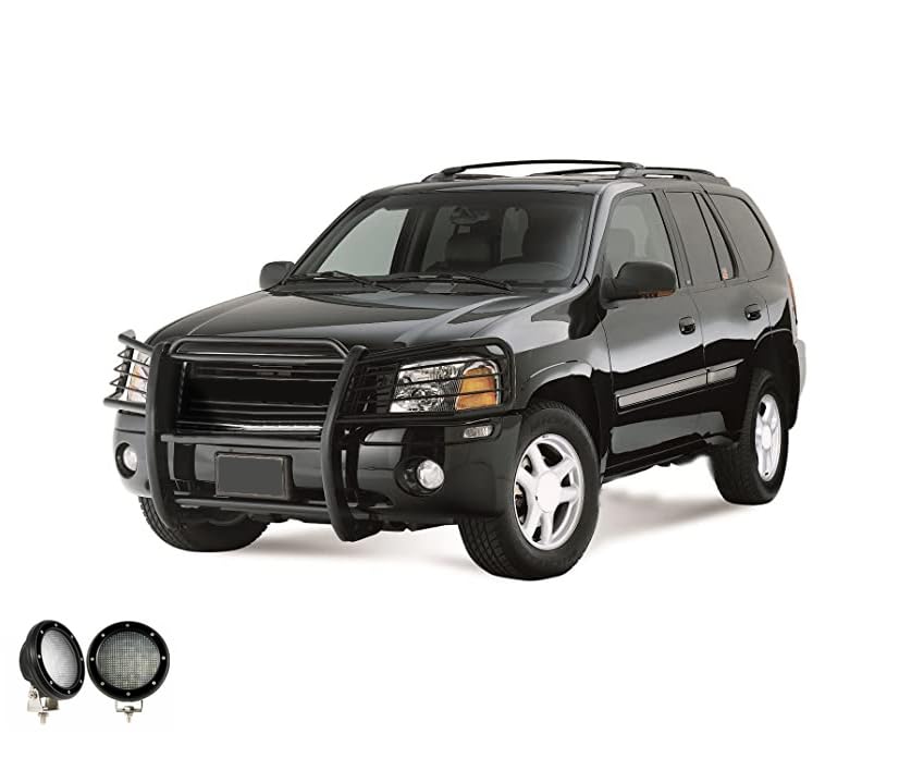 Bumper Guard Black Horse Grille Brush Modular Come with Pair of 5.3" Dia.LED Lights with Black Trim Rings Compatible with 2002-2006 GMC Envoy|2002-2006 GMC Envoy XL-17GD26MA-PLFB