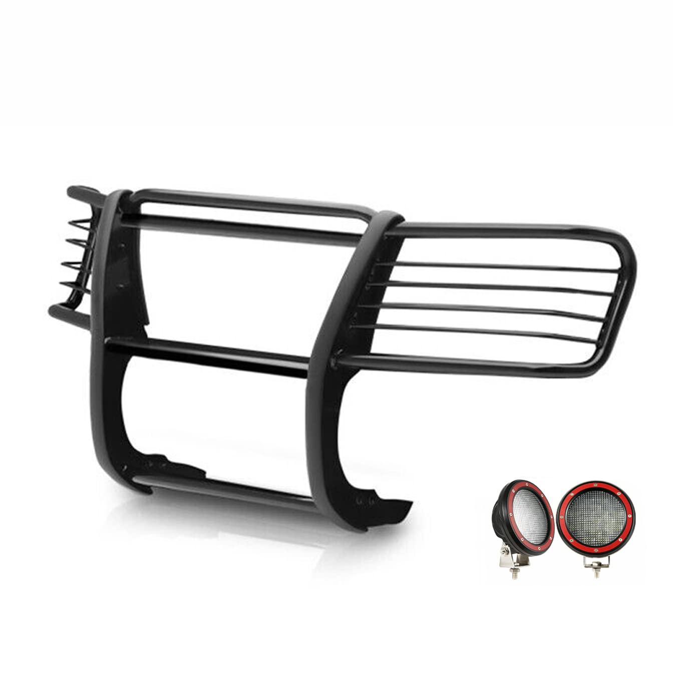 Bumper Guard Black Horse Grille brush Modular Come With Pair of 5.3" Dia.LED Lights with Red Trim Rings Compatible with 2002-2005 Ford Explorer-17FJ26MA-PLFR