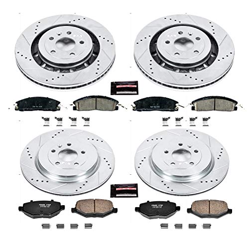 Power Stop K7573 Z23 Carbon Fiber Brake Pads Front and Rear with Drilled & Slotted Brake Rotors Kit