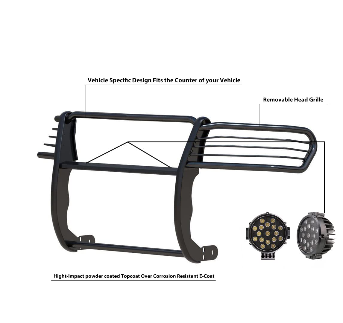 Bumper Guard Modular Black Horse Grille brush Come With pair of 7.0"Dia.LED Lights with Black Trim Rings Compatible with 2010-2024 Toyota 4Runner-17TU31MA-PLB