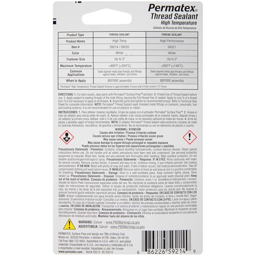 High Temperature Permatex 59214 Thread Sealant, 6 ml Tube, Pack of 1