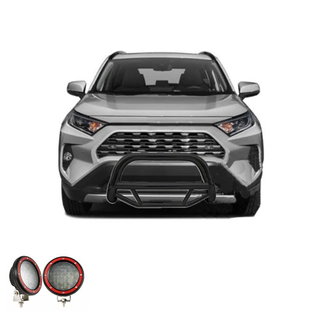 Max Bull Bar Black Horse Incl. Pair of 5.3" Dia.LED Lights w/Red Trim Rings No Skid Plate Black Compatible with 2019-2024 Toyota RAV4|2021-2024 Toyota Venza-MBB-TOB4802-PLFR