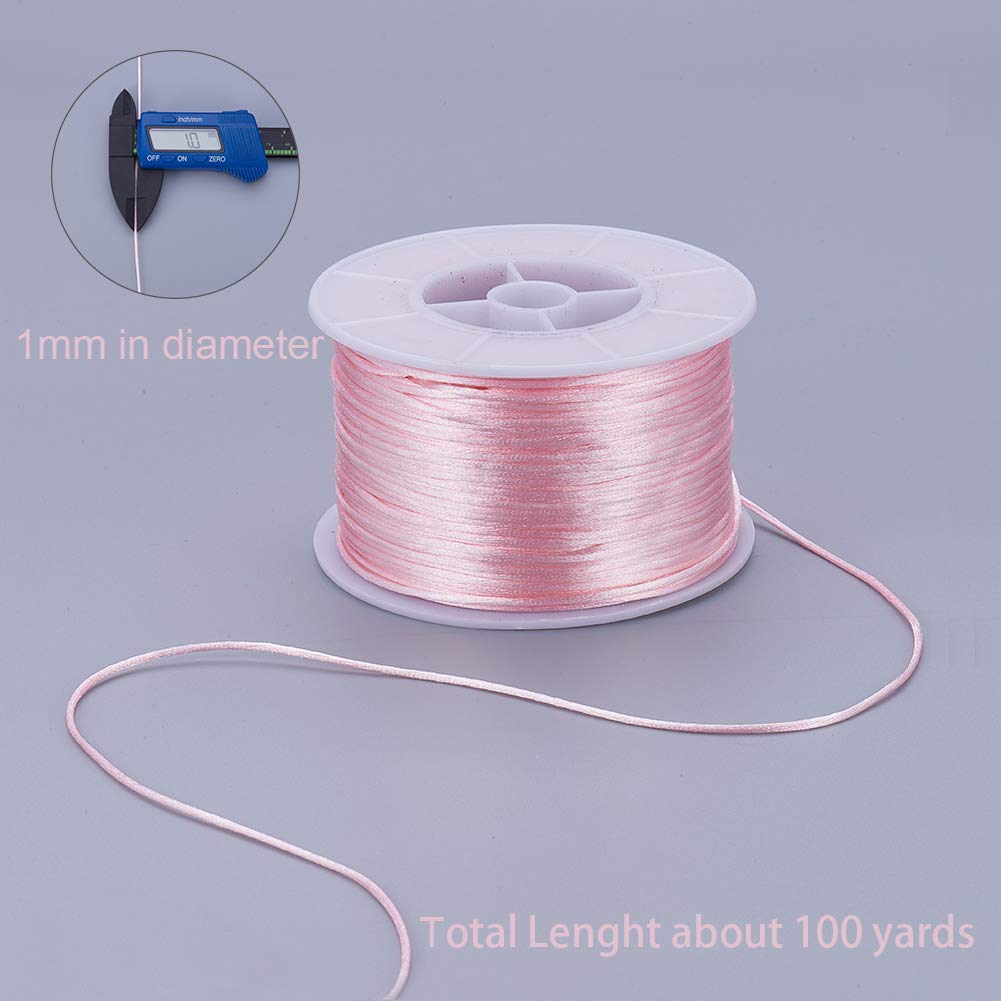 1 Roll JEWELEADER About 100 Yards Rattail Nylon Thread Cord 1mm Shiny Satin Trim Cord Chinese Knotting Beading Cord for DIY Jewellery Making Macrame Kumihimo Shamballa Friendship Bracelets - Pink