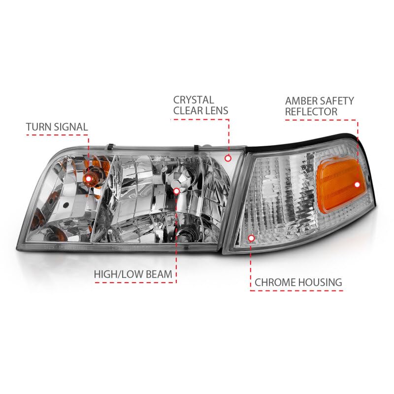 1998-2005 Ford Crown Victoria ANZO Crystal Headlight Chrome with Bumper Light (OE)