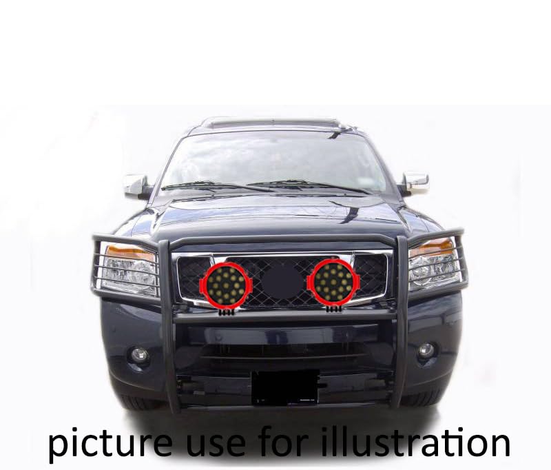 Black Horse Grille Brush Bumper Guard Black Modular Come with Pair of 7.0" Dia.LED Lights with Red Trim Rings Compatible with 2005-2015 Armada|2004-2015 Titan Crew Cab&King Cab-17NR26MA-PLR
