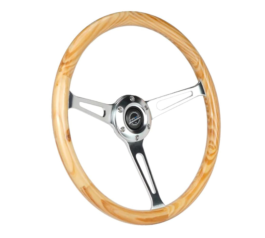 NRG Innovations Reinforced NRG-RST-380RG Classic Light Wood Grain Wheel, 380mm, 3 Spoke Center in Shinny chrome with Slits