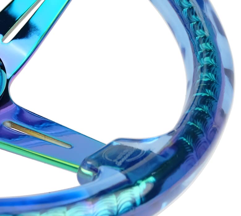 NRG Innovations Reinforced Steering Wheel NRG-RST-027MC-BL 350mm 2" Deep Dish Clear Acrylic Steering Wheel in Blue and NeoChrome Spoke Finish with Slits