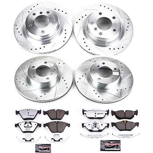 Power Stop K6072-26 Z26 Carbon Fiber Brake Pads Front and Rear with Drilled & Slotted Brake Rotors Kit and 1 Front & 1 Rear Sensor Wires For BMW 328i 2011-2013 [Model Specific]