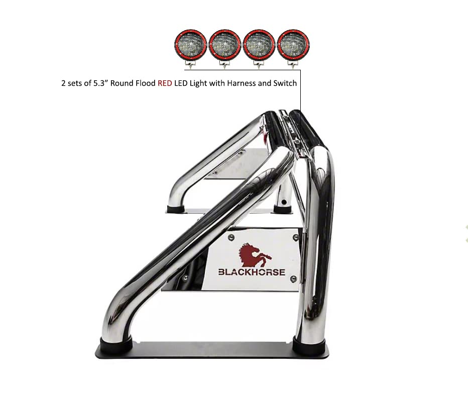 Classic Black Horse Roll Bar Incl. Set of 5.3" Dia.LED Lights w/Red Trim Rings Stainless Steel Compatible with 99-22 Ford F-250 Super Duty|99-22 Ford F-350 Super Duty|99-22 Ford F-450 Super Duty