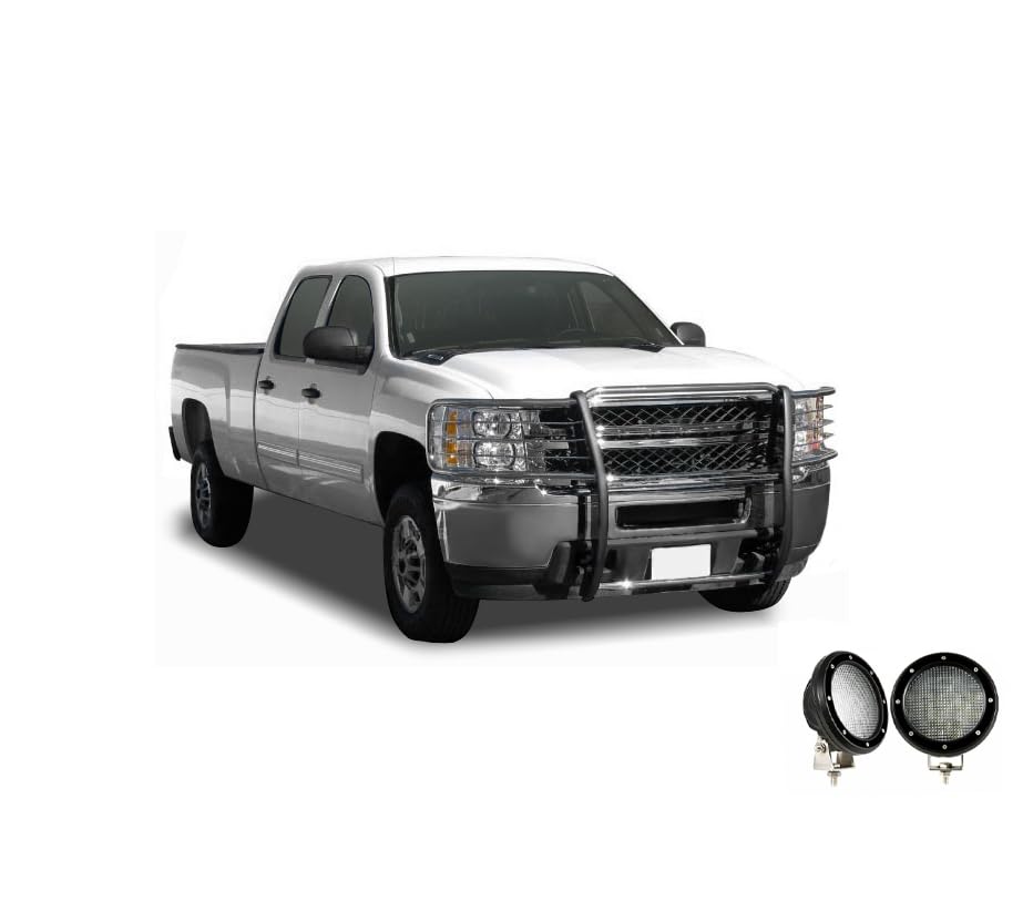 Bumper Guard Modular Black Horse Grille brush Stainless Steel Come with Pair of 5.3" Dia.LED Lights with Black Trim Rings Compatible with 2014-2018 Chevrolet Silverado 1500-17GT27MSS-PLFB