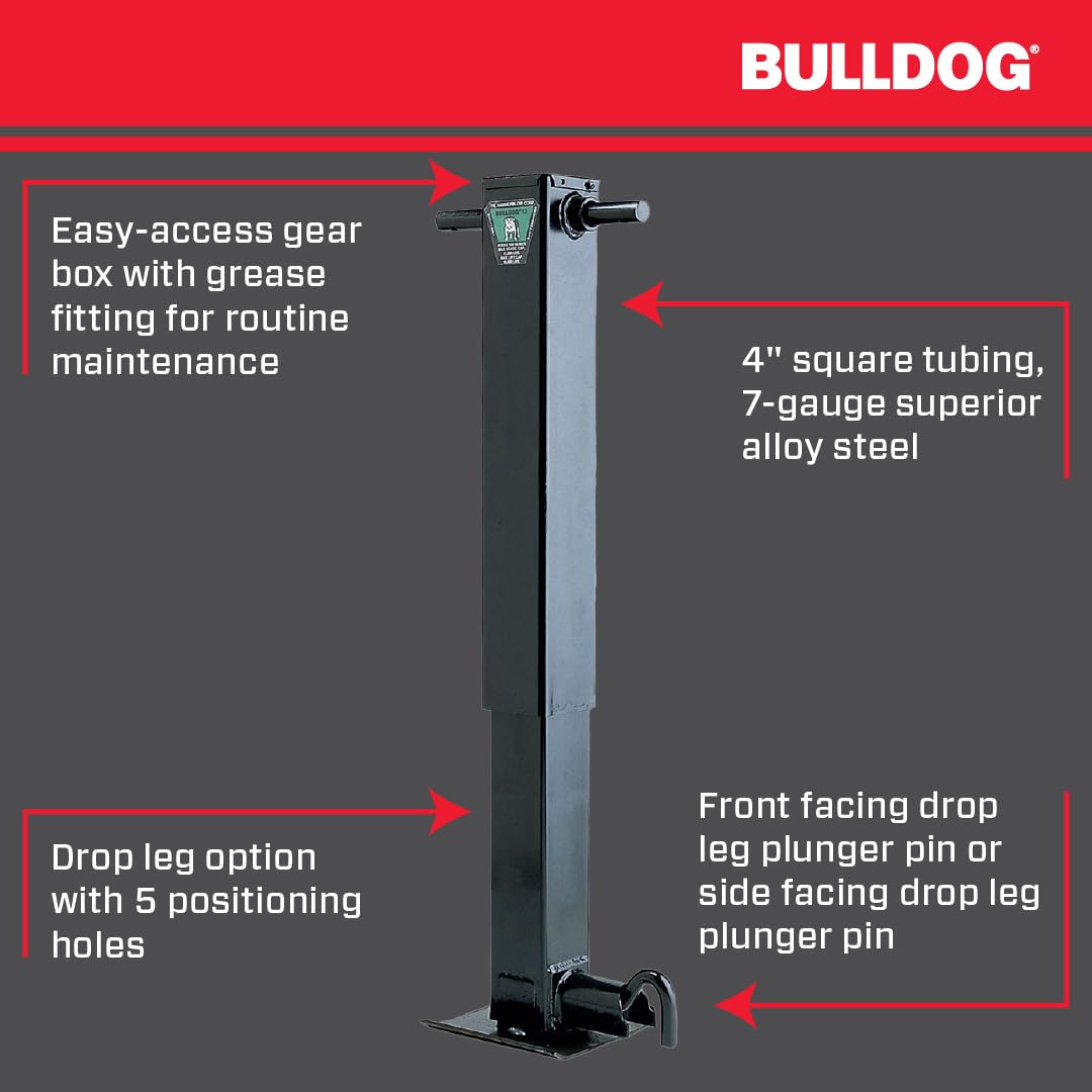 Bulldog HD 182800 Square Trailer Jack, 12,000 lbs. Support Capacity, Sidewind, 12-1/2 Inch Travel, No Handle
