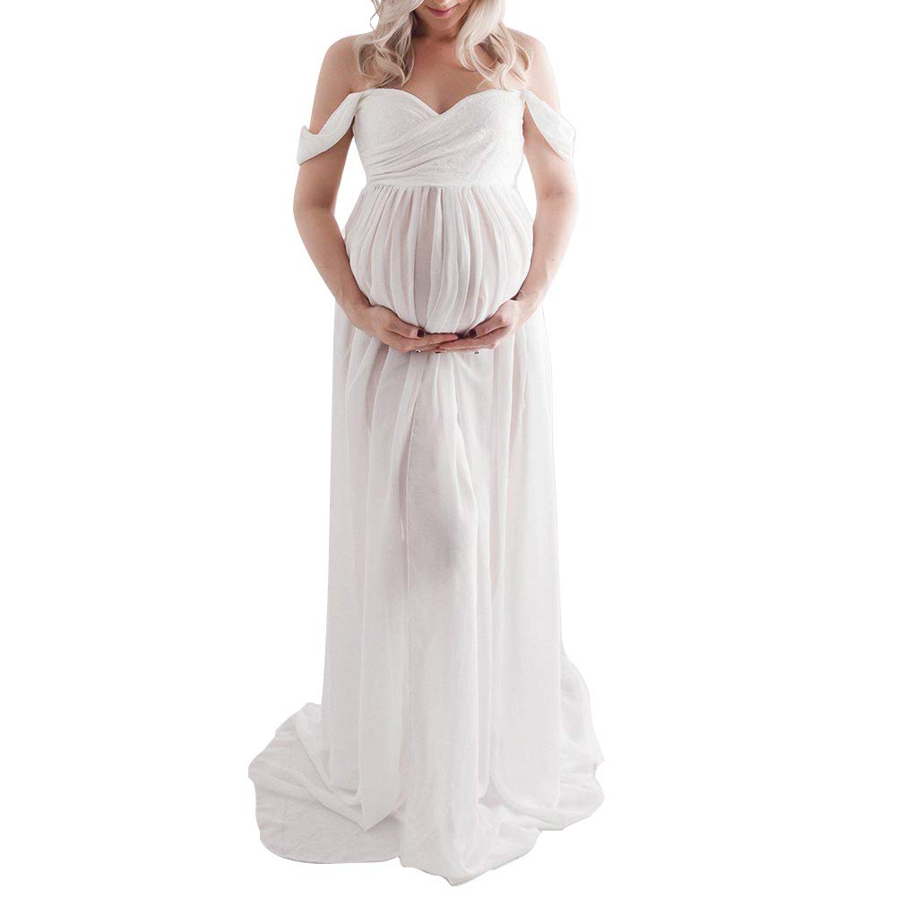 Women's Solid Off Shoulder Maternity Dress, Split Front Sleeveless Chiffon Shoulderless Long Photography Dress