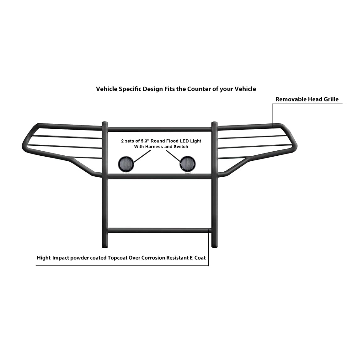 Bumper Guard Modular Black Horse Grille brush Come with Pair of 5.3" Dia.LED Lights with Black Trim Rings Compatible with 2020-2024 Ford Explorer-17FJ31MA-PLFB