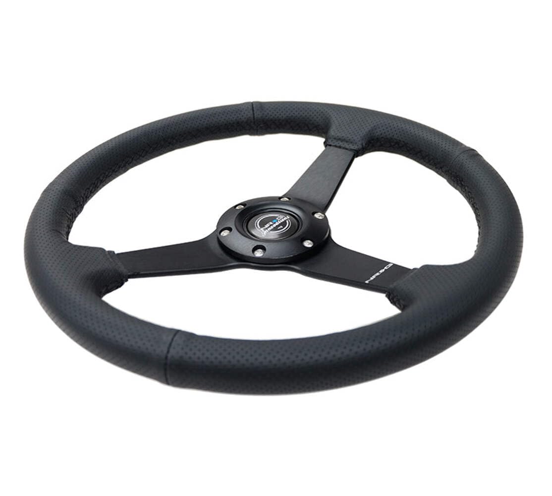 NRG Innovations 350mm NRG-RST-037MB-PR Sport Steering Wheel (1.5' deep) Black Perforated Leather with Black Stitching - Matte Black Solid Spokes