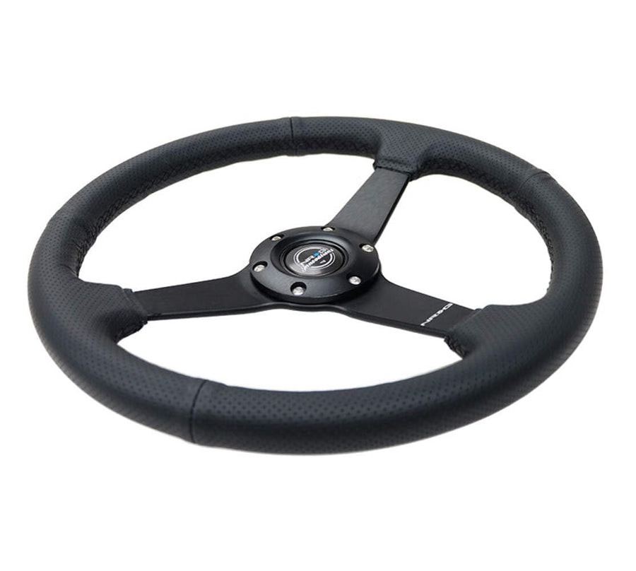 NRG Innovations 350mm NRG-RST-037MB-PR Sport Steering Wheel (1.5' deep) Black Perforated Leather with Black Stitching - Matte Black Solid Spokes