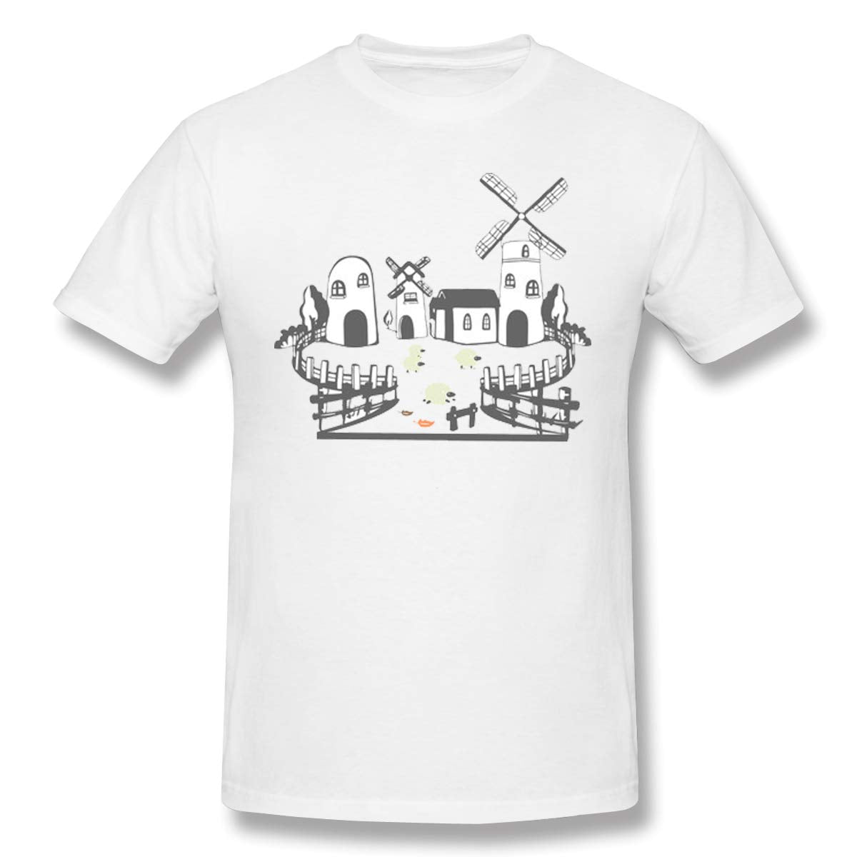 Lijinyuli Windmill Houses Men Have Fences Comfortable T-Shirt White XXLwith for Short Sleeve
