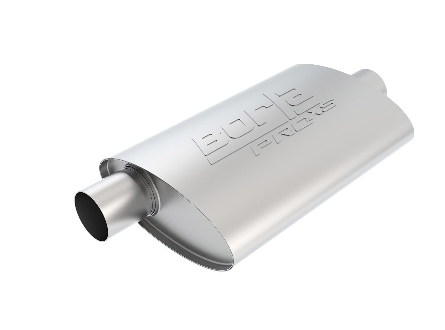 BORLA ProXS 40358 Universal Performance Muffler 2.5" Offset Inlet / 2.5" Center Outlet 4" x 9.5" Oval x 14" Long body 19" Overall Length Un-Notched Necks Reversible Design T-304 Stainless Steel
