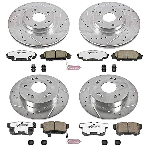 Power Stop Z26 Carbon Fiber Brake Pads K2440-26 Front and Rear with Drilled & Slotted Brake Rotors Kit For Honda Civic 2006-2011 [Model Specific]