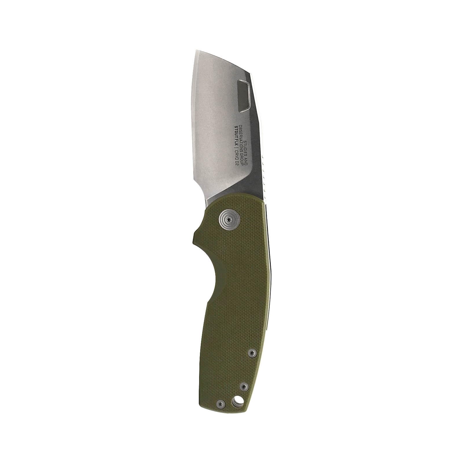 SOG FLK Stout Cleaver Daily Carry Folding Knife | G10 & Steel Handle | CRYO D2 Steel Blade| Short-Blade Frame Lock Folder, OD Green/Stonewash