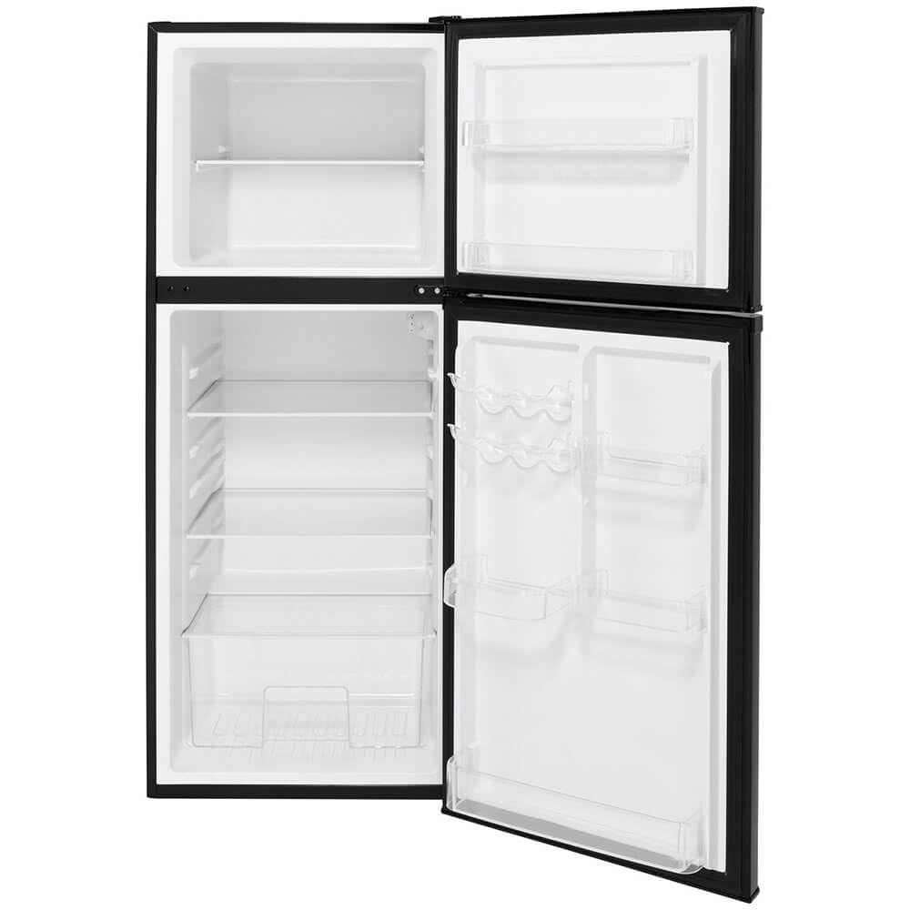 24" GE GPV10FGNBB Top Freezer Refrigerator with 9.93 cu. ft. Capacity 12V DC Power Only LED Lighting and Adjustable Spillproof Glass Shelves in Black