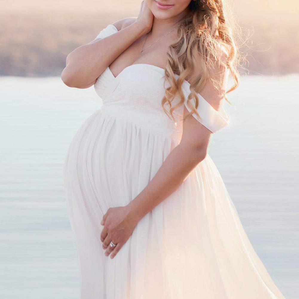 Women's Solid Off Shoulder Maternity Dress, Split Front Sleeveless Chiffon Shoulderless Long Photography Dress