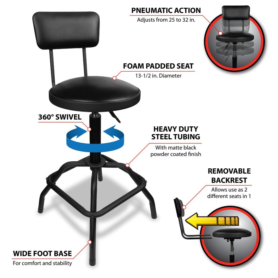 W85016 Performance Tool Pneumatic Stool w/Removable Backrest