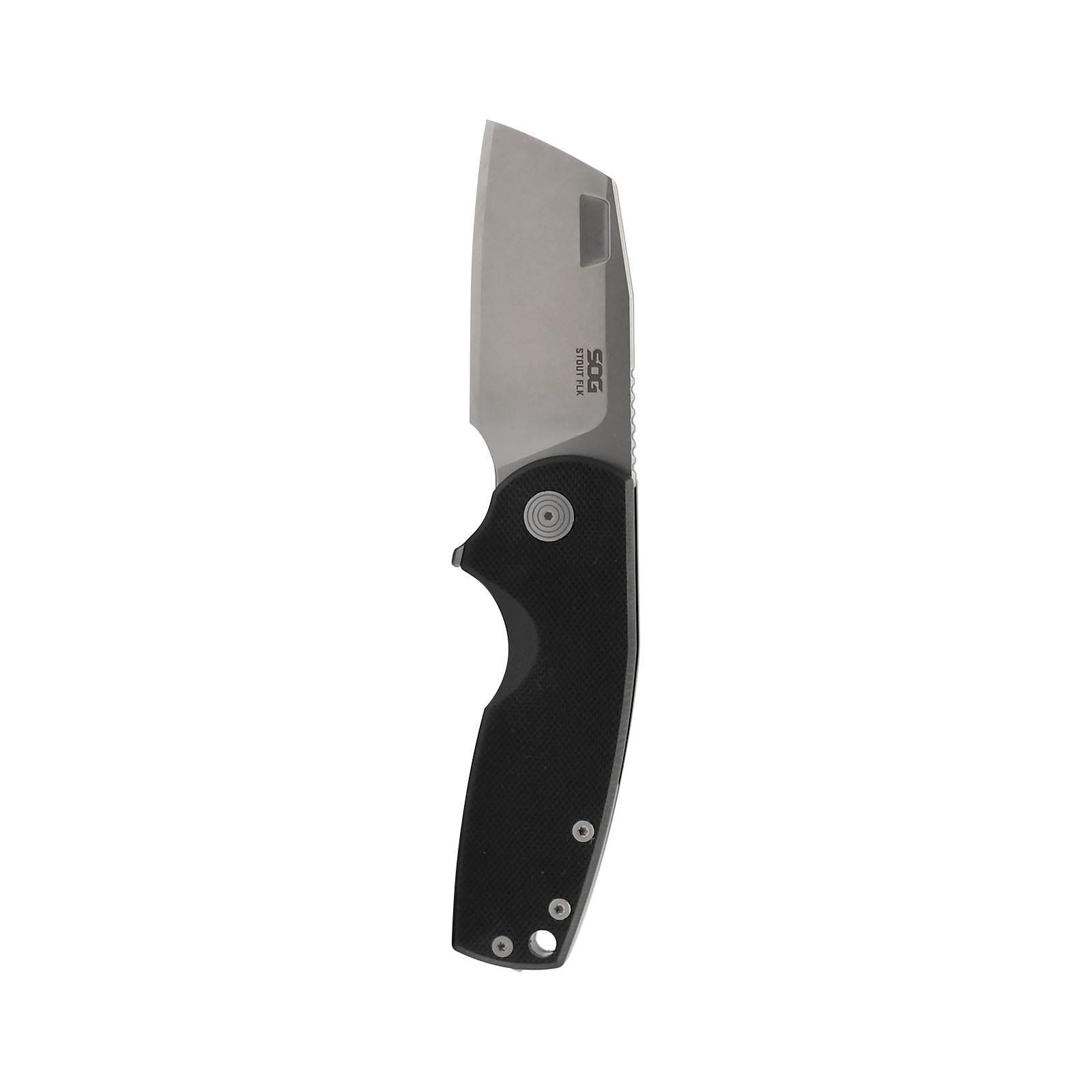 FLK SOG Stout Cleaver Daily Carry Folding Knife| G10 & Steel Handle | CRYO D2 Steel Blade| Short-Blade Frame Lock Folder, Black/Stonewash