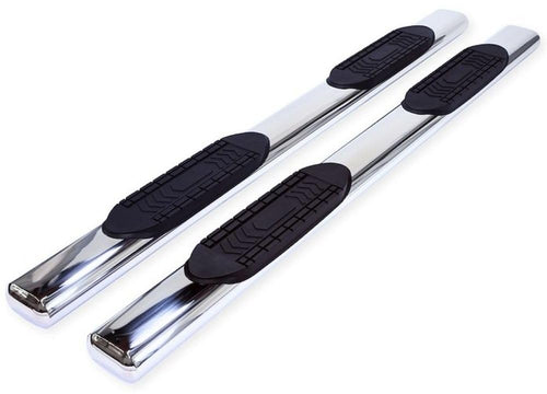 Truck Running Boards TrailFX A8243S Fits Ram 1500 Quad Cab Short Crew 2011-2018 Oval 6 Inch Straight Side Bars with Step Pads, Polished Stainless Steel, Welded End Caps, Rocker Panel Mount