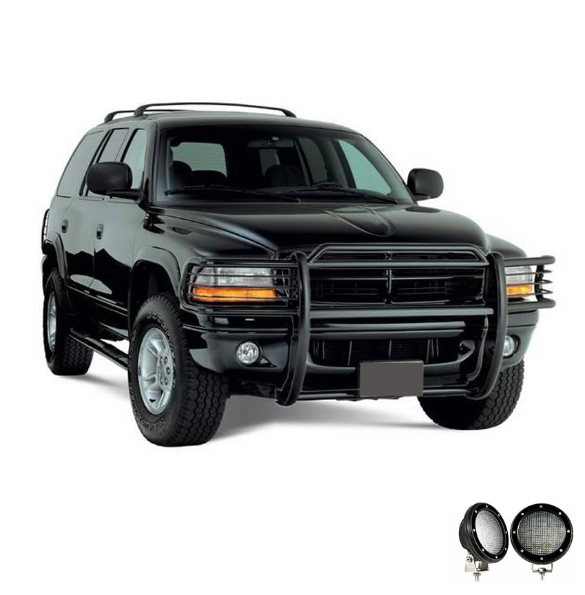 Grille Brush Black Horse Bumper Guard Modular Black Come with Pair of 5.3" Dia.LED Lights with Black Trim Rings Compatible with 1997-2004 Dodge Dakota|2000-2003 Dodge Durango-17BH23MA-PLFB