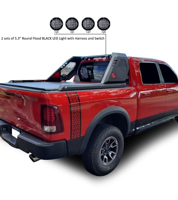 Vigor Roll Bar Black Horse Incl. Set of 5.3" Dia.led Lights w/Black Trim Rings Modular Black Compatible with 07-25 Silverado 1500|Sierra 1500|09-10 Ram 1500|11-25 Ram 1500|09-25 F-150|07-25 Tundra