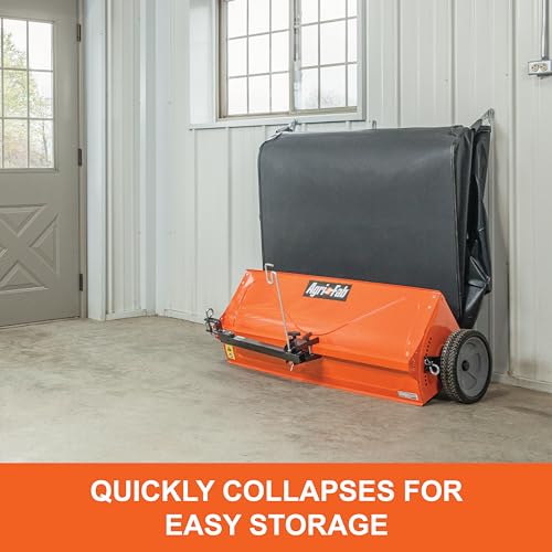 44" Agri-Fab Tow-Behind Lawn Sweeper, 28 cu. ft Hopper Bag Capacity; Leaf & Grass Catcher, with Adjustable Brush Height and Dump From Seat Handle