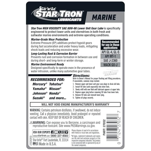 STAR BRITE High Viscosity Star Tron Lower Unit Gear Lube 80W90 - Anti-Wear, Rust & Corrosion Inhibitors, Ideal for Outboard Motors & Stern Drives - 32 OZ (027032)
