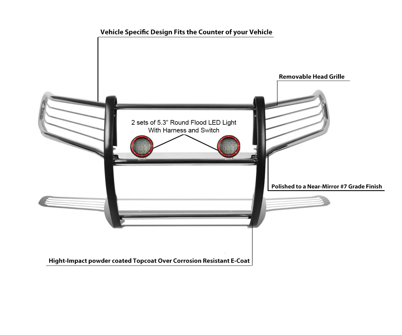 Grille Brush Black Horse Bumper Guard Modular Stainless Steel Come with Pair of 5.3" Dia.LED Lights with Red Trim Rings Compatible with 2005-2015 Toyota Tacoma-17A096400MSS-PLFR