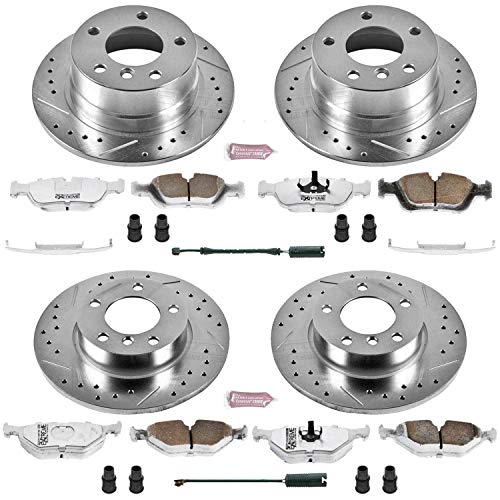 Power Stop K592-26 Z26 Carbon Fiber Brake Pads Front and Rear with Drilled & Slotted Brake Rotors Kit and 1 Front & 1 Rear Sensor Wires For BMW Z3 1996-1998 [Model Specific]