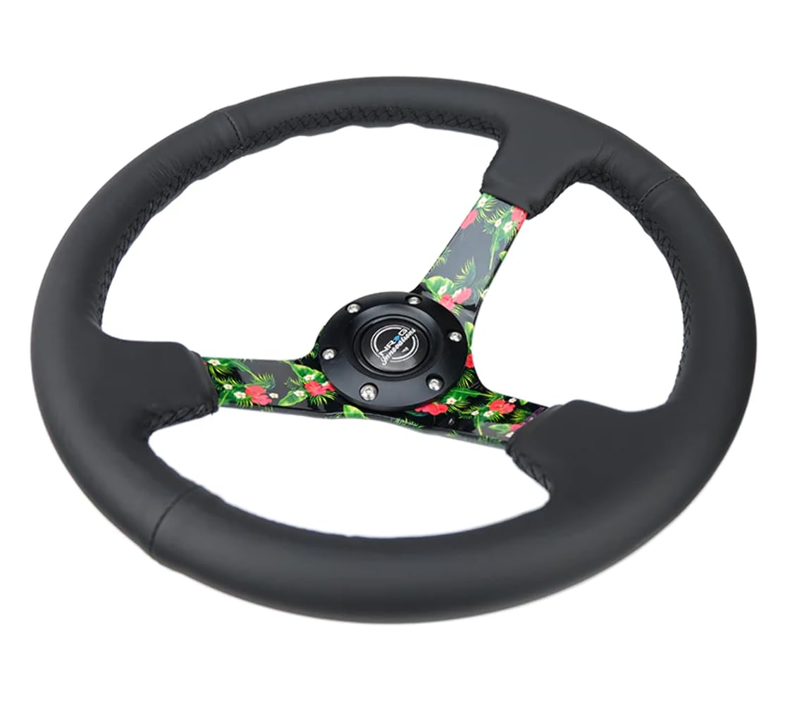NRG Innovations Reinforced NRG-RST-036TROP-R Steering Wheel 3" Deep, 5mm Matte Black Spoke, 350mm Black Leather with Black Criss Cross Stitching and Yellow Center Mark