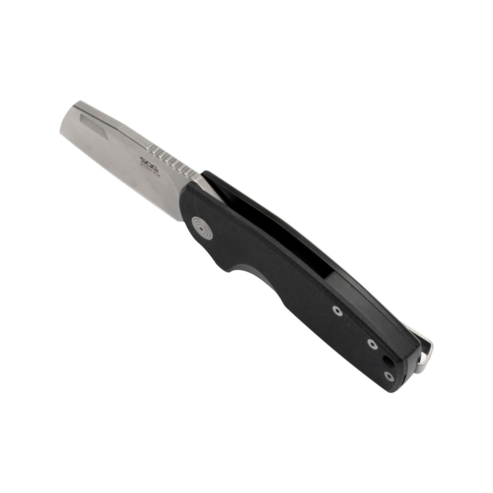 FLK SOG Stout Cleaver Daily Carry Folding Knife| G10 & Steel Handle | CRYO D2 Steel Blade| Short-Blade Frame Lock Folder, Black/Stonewash