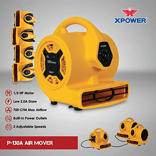 P-130A XPOWER Mini Mighty 1/5 HP 800 CFM Centrifugal Air Mover, Carpet Dryer, Floor Fan, Blower, Stackable, Daisy Chain, for Water Damage Restoration, Janitorial, Plumbing, Home Use, Yellow