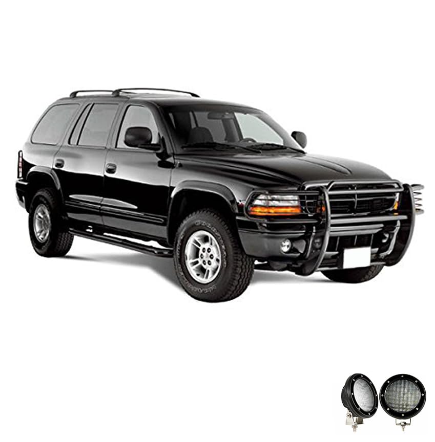 Grille Brush Black Horse Bumper Guard Modular Black Come with Pair of 5.3" Dia.LED Lights with Black Trim Rings Compatible with 1997-2004 Dodge Dakota|2000-2003 Dodge Durango-17BH23MA-PLFB