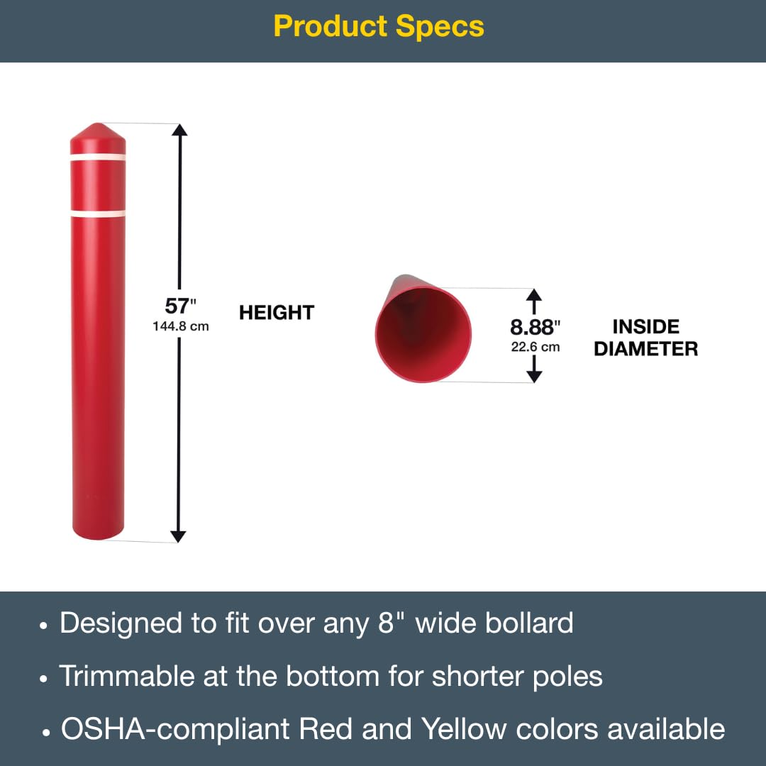 Bollard Covers Eagle for 8 Inch Poles - 57" Tall, Durable Smooth HDPE Plastic - Trimmable Red Bollard Post Sleeve for Parking Lots, Warehouses, and Loading Docks, 1737RWS