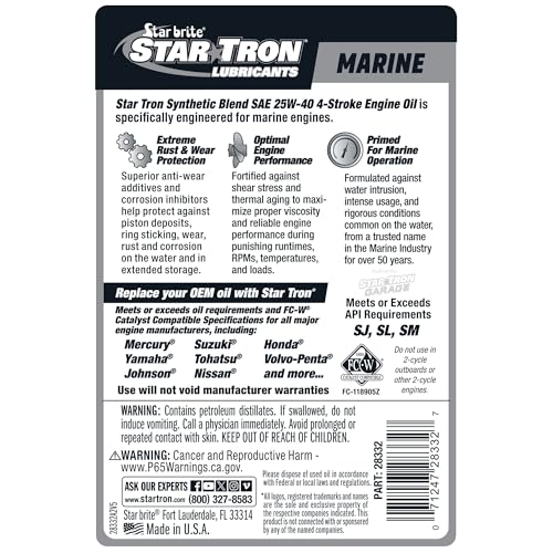 Star Tron Premium 4 Stroke Marine Oil STAR BRITE - 25W-40 Synthetic Blend Engine Oil for Outboards, Gasoline Inboards & Stern Drives - NMMA FC-W Certified, 32 OZ (028332)